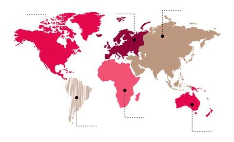 Vector. Info graphics. The world map, six continents in beige and pink colors Stock Illustration