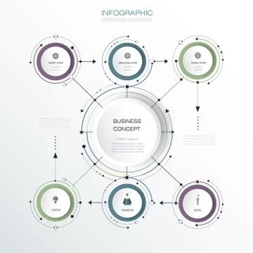 Vector Infographic 3D circle label design with arrows sign and 6 options Stock Illustration