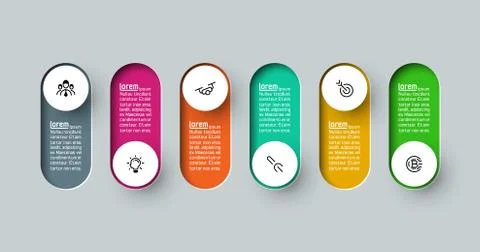 Vector Infographic 3d long circle label, infographic with number 6 options pr Stock Illustration