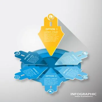 Vector infographic blue and yellow web element of arrows with text and icons Stock Illustration