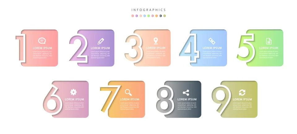 Vector infographic design UI template colorful gradient 9 relief number label Stock Illustration