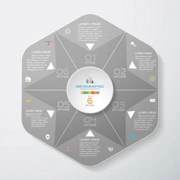 Vector infographic of gradient dark gray segmented hexagon cut from paper wit Stock Illustration