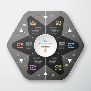 Vector infographic of gradient dark gray hexagon with star and white round fo Stock Illustration