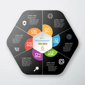 Vector infographic of gradient dark gray hexagonal form and color segments cu Stock Illustration