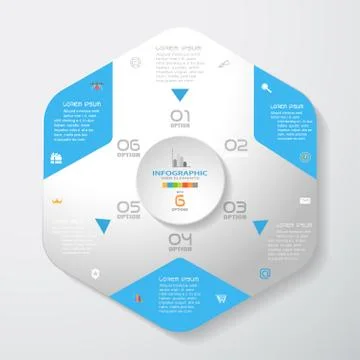 Vector infographic of gradient gray convex hexagonal form with blue corners a Stock Illustration