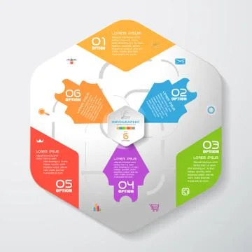 Vector infographic of gradient gray convex hexagonal form with color corners, Stock Illustration