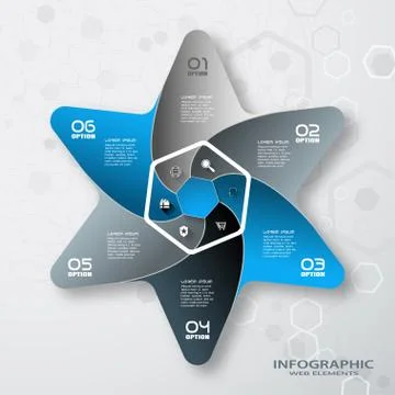 Vector infographic of hexagon form and color star with 6 rays cut from paper Stock Illustration