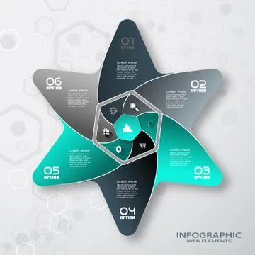 Vector infographic of hexagon form and color star with 6 rays cut from paper Stock Illustration