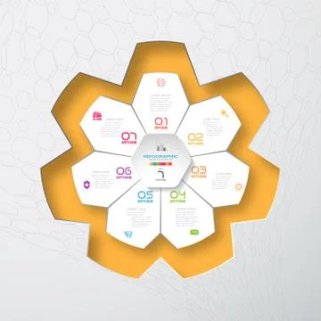 Vector infographic of hexagon form and white with 7 rays shape cut from paper Stock Illustration