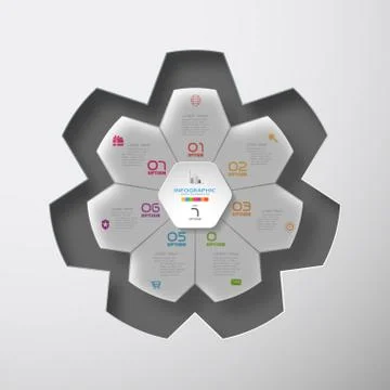 Vector infographic of hexagon form and gray convex with 7 rays shape cut from Illustrazione stock