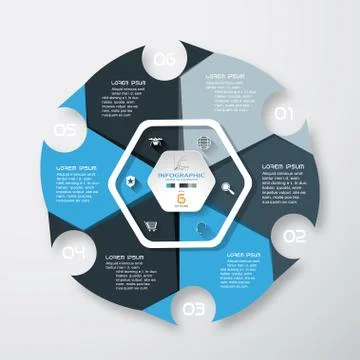 Vector infographic of hexagonal form and color segments with round cutout, te Stock Illustration