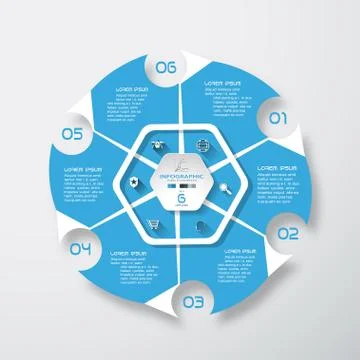 Vector infographic of hexagonal form and blue segments with round cutout, tex Stock Illustration