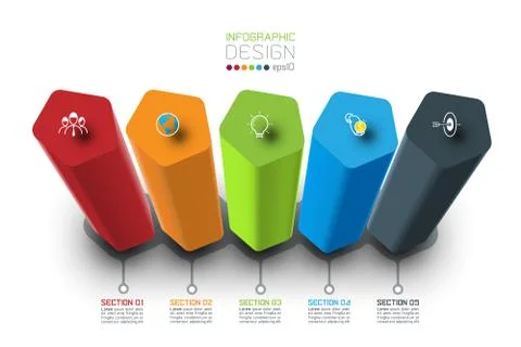 Vector Infographic label design with pentagon columns design. Illustrazione stock