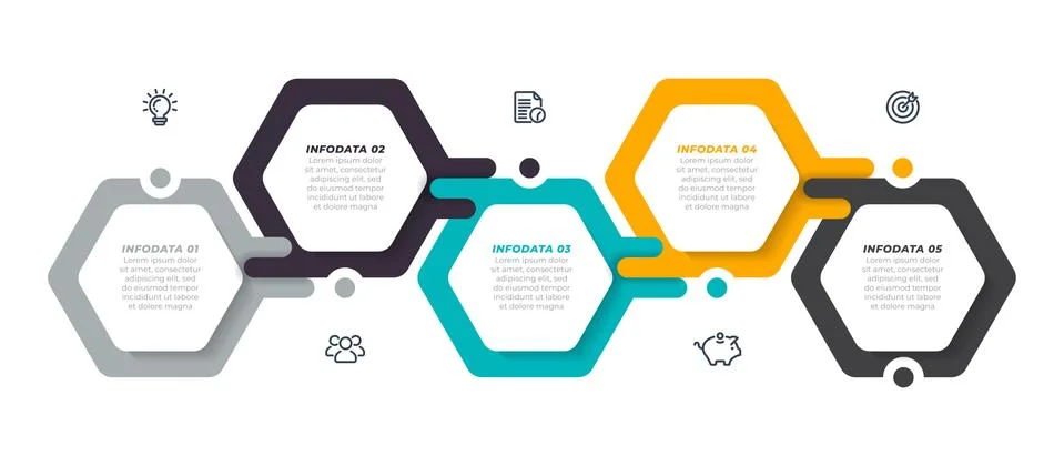 Vector infographic label design template with 5 hexagon layout. Illustrazione stock