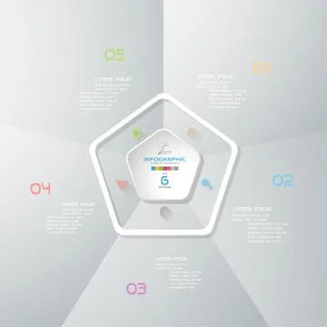 Vector infographic of pentagonal forms cut from paper with shadows, text and Stock Illustration