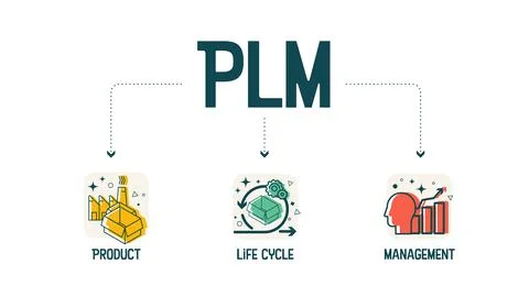 The vector infographic PLM - Product Lifecycle Management acronyms is a proce Illustrazione stock