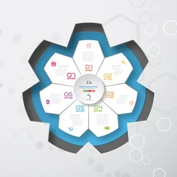 Vector infographic of round blue form and white with 7 rays shape cut from pa Stock Illustration