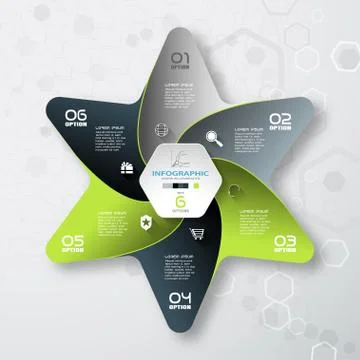 Vector infographic of round form and color star with 6 rays cut from paper wi Stock Illustration