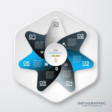 Vector infographic of round, hexagon form and color star with 7 rays cut from Stock Illustration