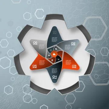 Vector infographic of round white form and color star with 6 rays cut from pa Stock Illustration