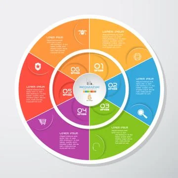Vector infographic of round white forms and color segments cut from paper wit Stock Illustration