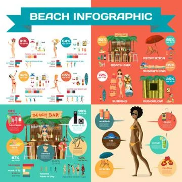 Vector Infographic set flat cartoon design about beach. Characte Stock Illustration