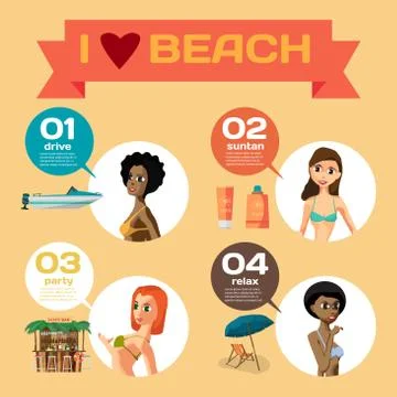Vector Infographic set flat design about women on the beach. How Stock Illustration