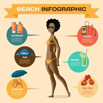Vector Infographic set flat design about afro woman on the beach Stock Illustration