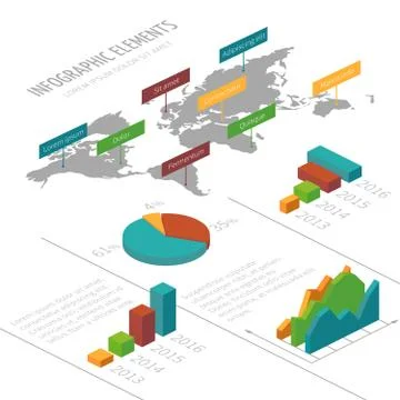 Vector infographic template with 3D isometric elements, world map and charts for Ilustración de archivo