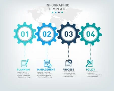 Vector infographic template with gears and world map Stock Illustration