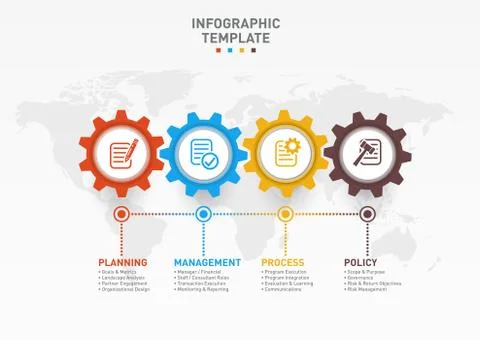 Vector infographic template with gears and world map Stock Illustration