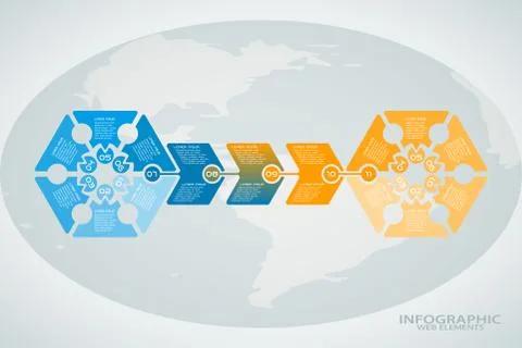 Vector infographic web element of blue and yellow hexagon shape with text on Stock Illustration