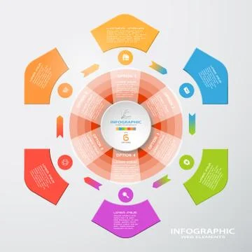 Vector infographic web element of round shapes, arrows with text and icons on Stock Illustration