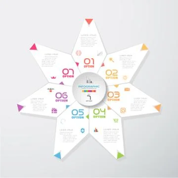 Vector infographic of white seven ray star with folded ends and white round f Stock Illustration