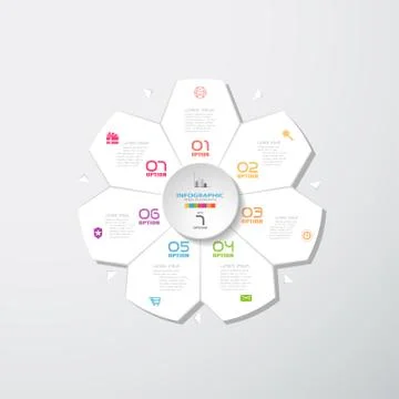 Vector infographic of white seven ray star with white round form cut from pap Stock Illustration