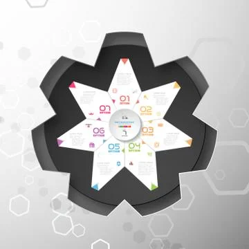 Vector infographic of white seven ray star with folded ends, dark gray round Stock Illustration
