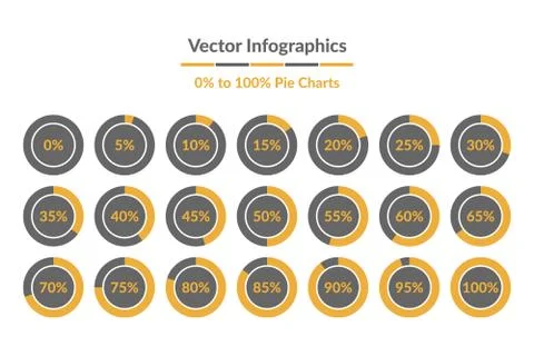 Vector Infographics. 0% to 100% Pie Charts, grey and yellow isolated circle d Stock Illustration