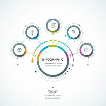 Vector infographics 3D circle label with arrows sign and 5 options Stock Illustration