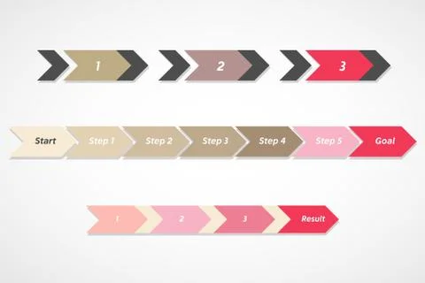 Vector infographics, steps, result, goal red, pink, grey, brown arrows 스톡 일러스트