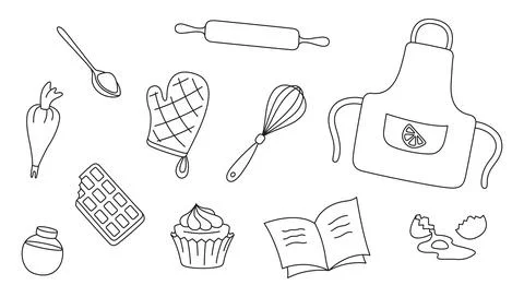 Vector Ingredients for baking, cupcakes broken egg, kitchen items: apron, mitt Ilustração Stock