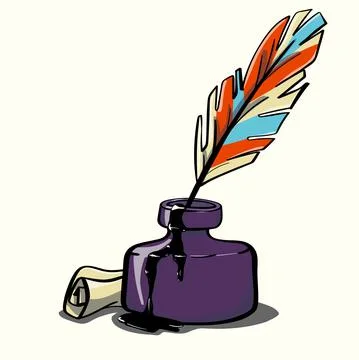 Vector ink bottle with feather and a scroll Illustrazione stock