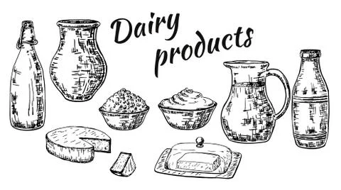 Vector ink hand drawn sketch style dairy products set Stock Illustration
