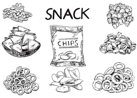 Vector ink hand drawn sketch style snack set Stock Illustration