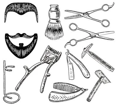 Vector ink hand drawn style barbershop set Stock Illustration