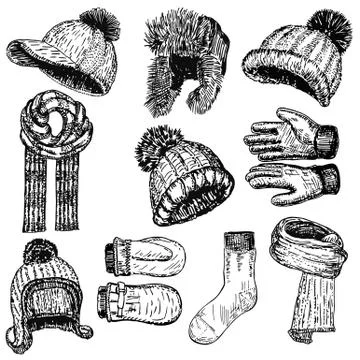 Vector ink hand drawn style winter warm clothing set Stock Illustration