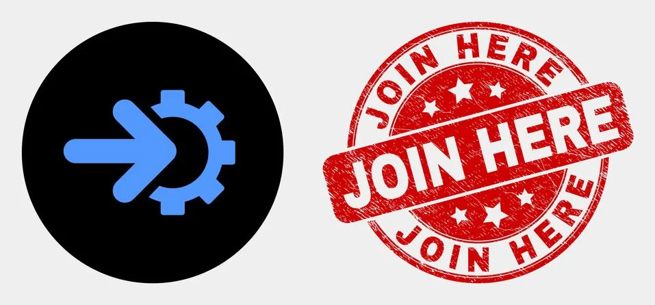 Vector Integration Gear Icon and Distress Join Here Stamp Seal Stock-Illustration