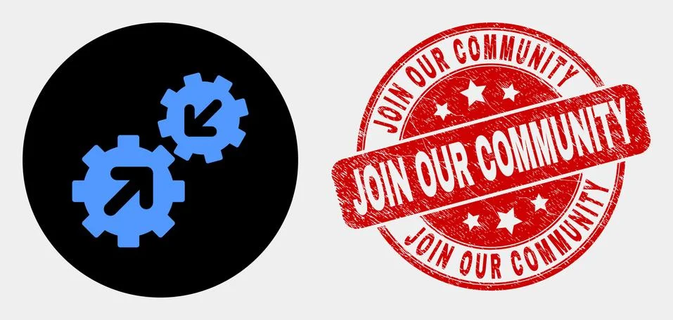 Vector Integration Gears Icon and Distress Join Our Community Stamp Seal Stock Illustration