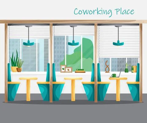 Vector Interior of coworking space with workplaces in cartoon flat style Stockillustratie