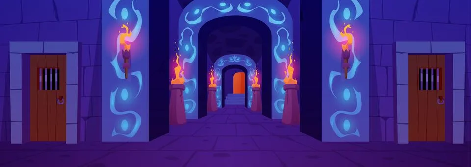 The vector interior of the dungeon with ancient stone walls, torches with a long Stock Illustration