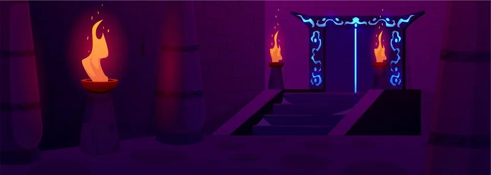 Vector interior of the dungeon with ancient stone columns and a door with Stock Illustration